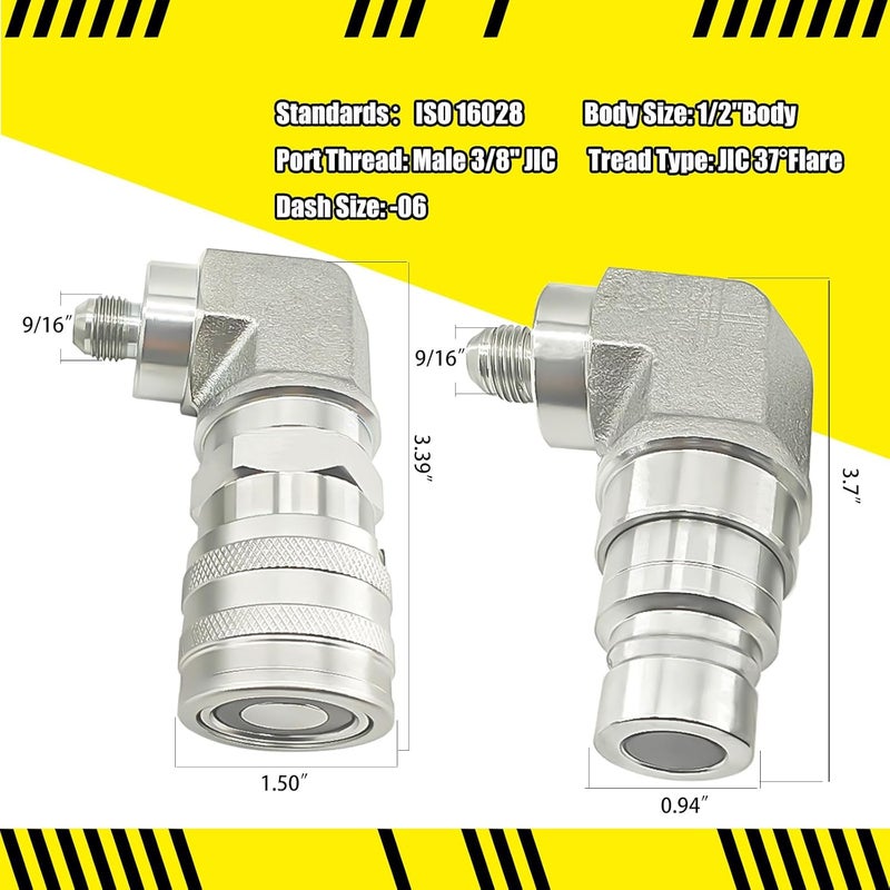 LOSTAR 90 Degree Flat Face Hydraulic Quick Connect Coupler Set for Skid Steer, Heavy-Duty Carbon Steel Fittings with Elbow 3/8" JIC Male Thread and Dust Cap - Image 2